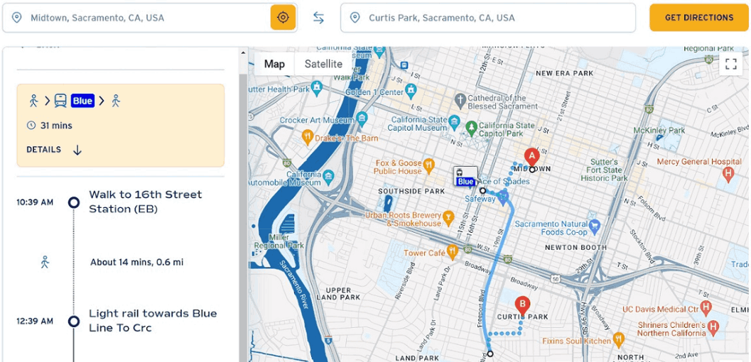 Trip planner with map, modes of transportation