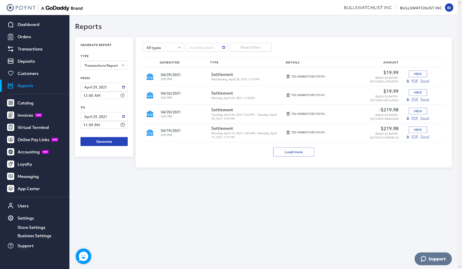 poynt payment reports screenshot