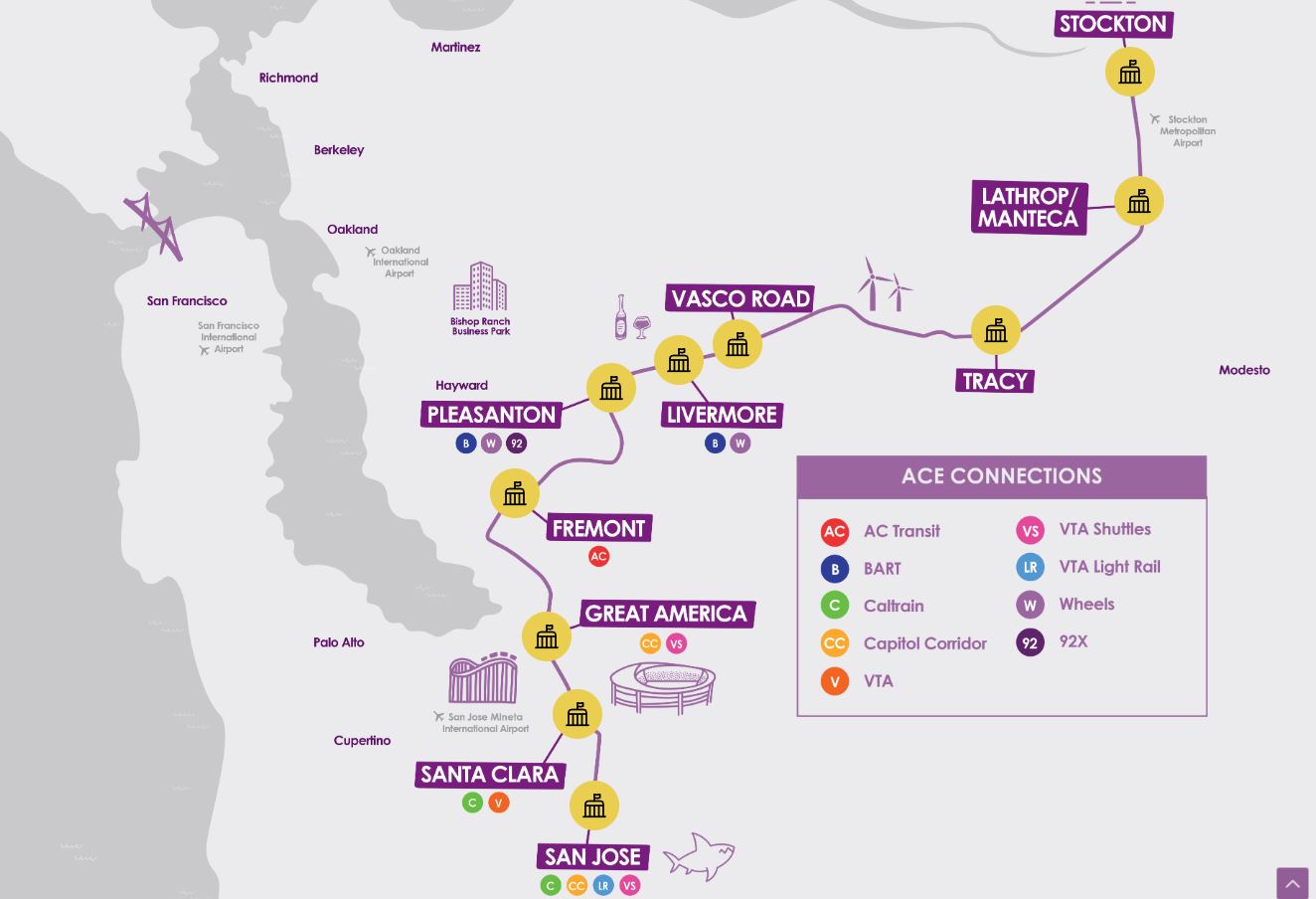 Map of the train route across the Bay area