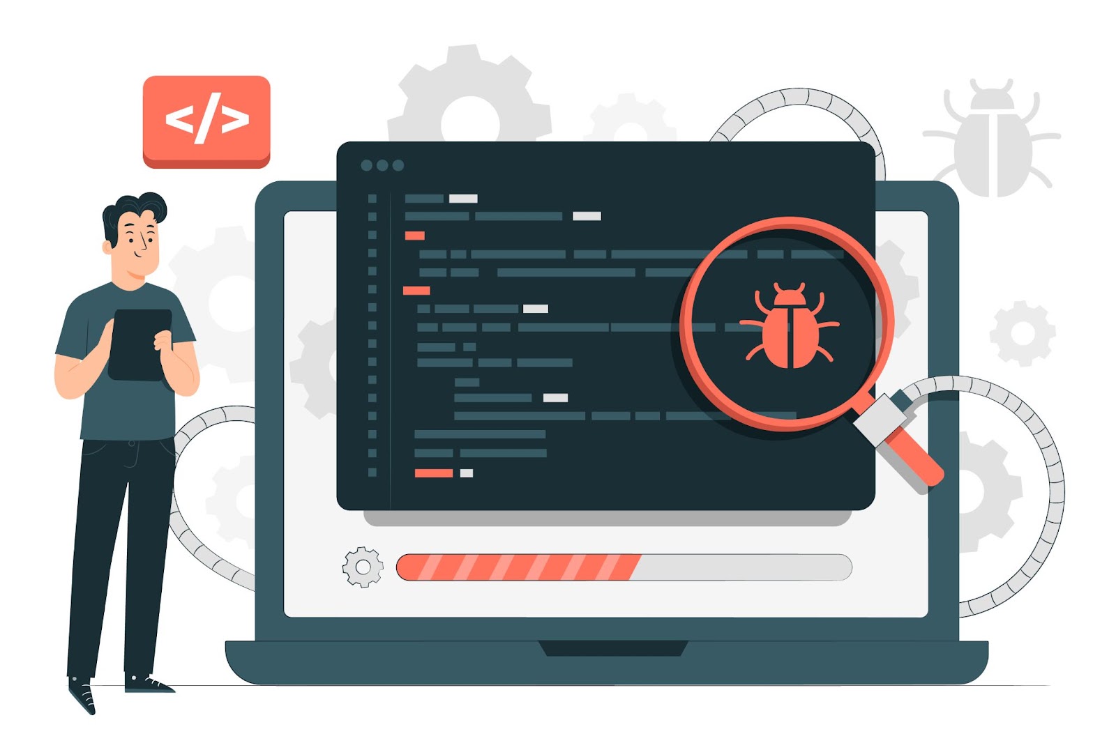 Desktop, code with magnifier and bug