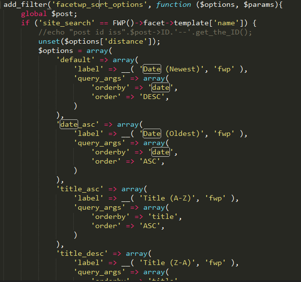 php code for sorting facetwp search result page