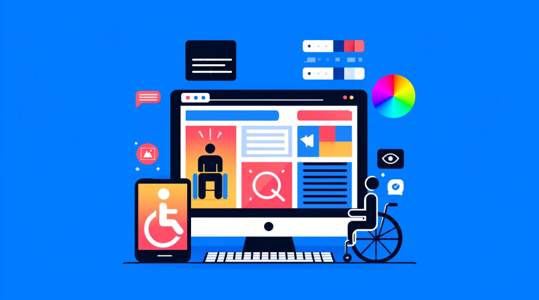 Desktop, mobile, keyboard, color wheel, person in wheel chair