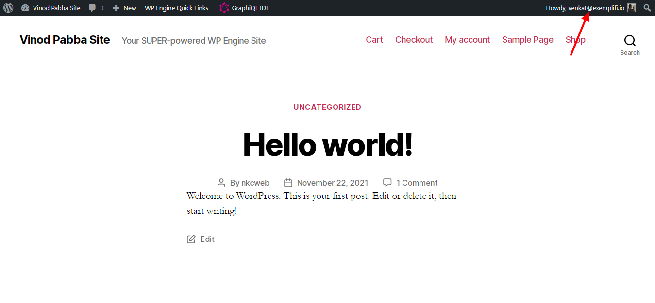 hello world screen from WordPress on Exemplifi