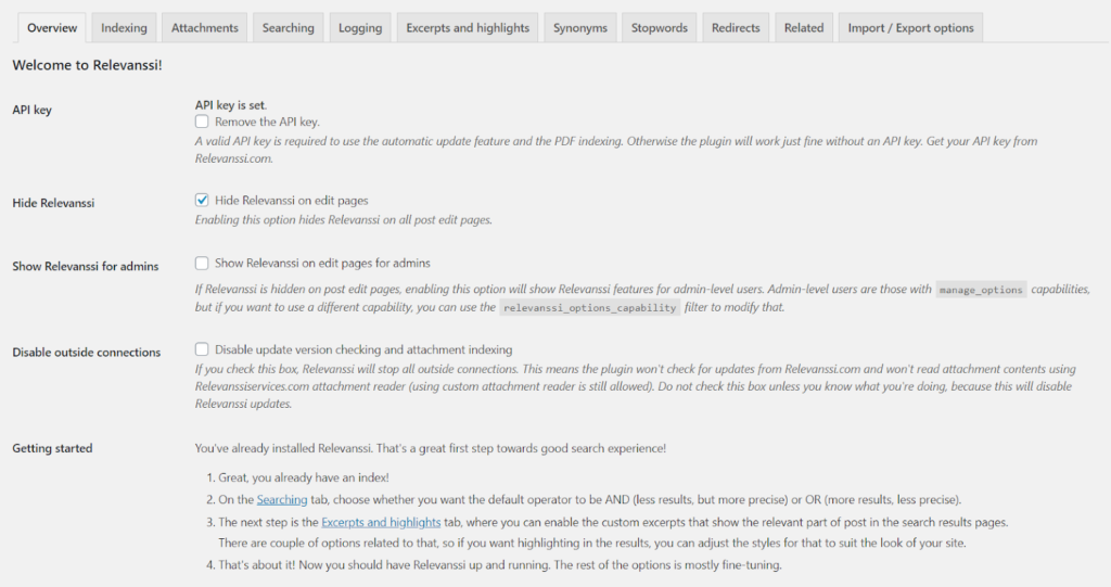 relevanssi wordpress plugin overview screen