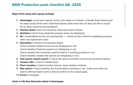 Push checklist and testing