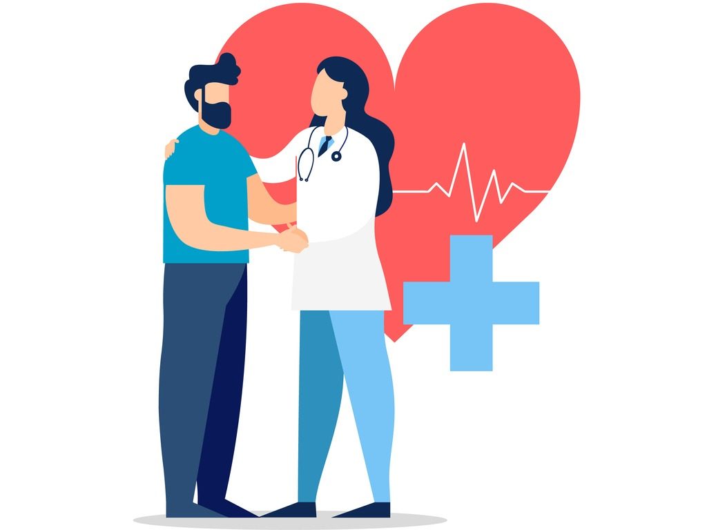 doctor and patient with heart beat in the background
