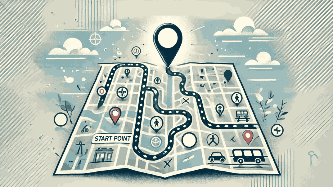 Map with route containing different modes of transportation 