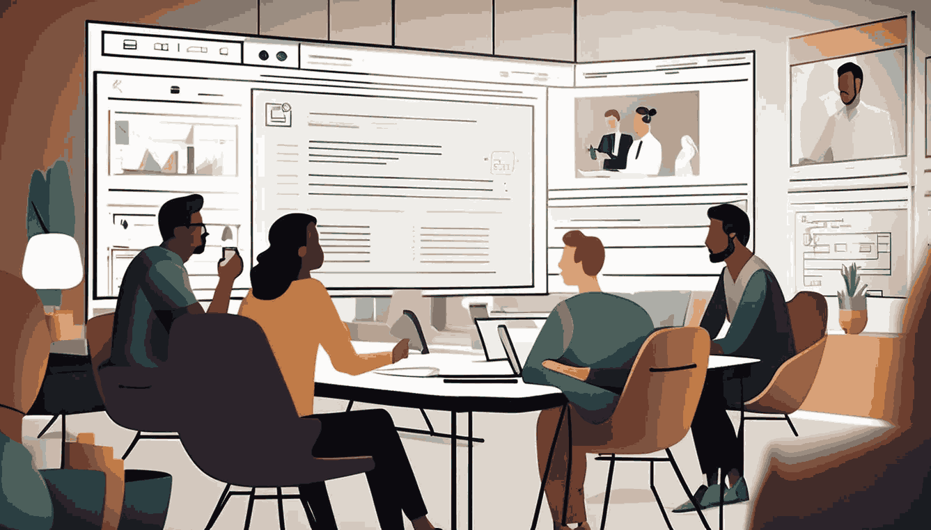 Four people discussing with web page design in front