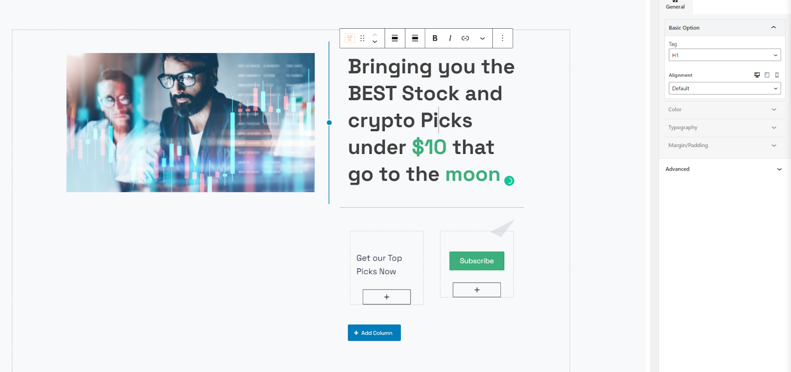 bullswatchlist editing with gutenberg builder