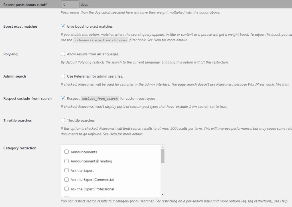 relevanssi plugin extra settings