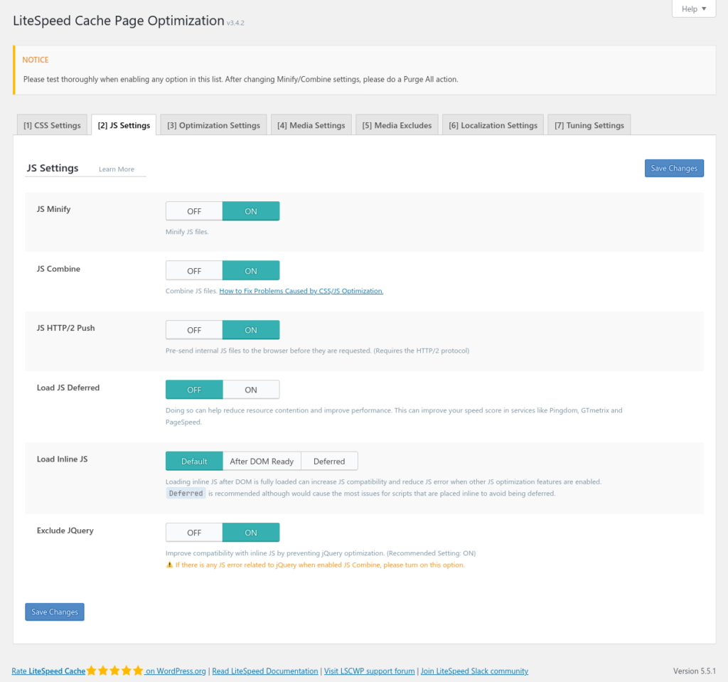 Litespeed JS Settings