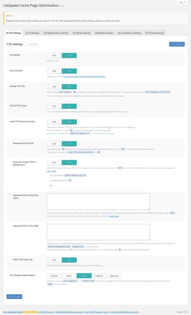LiteSpeed CSS Settings